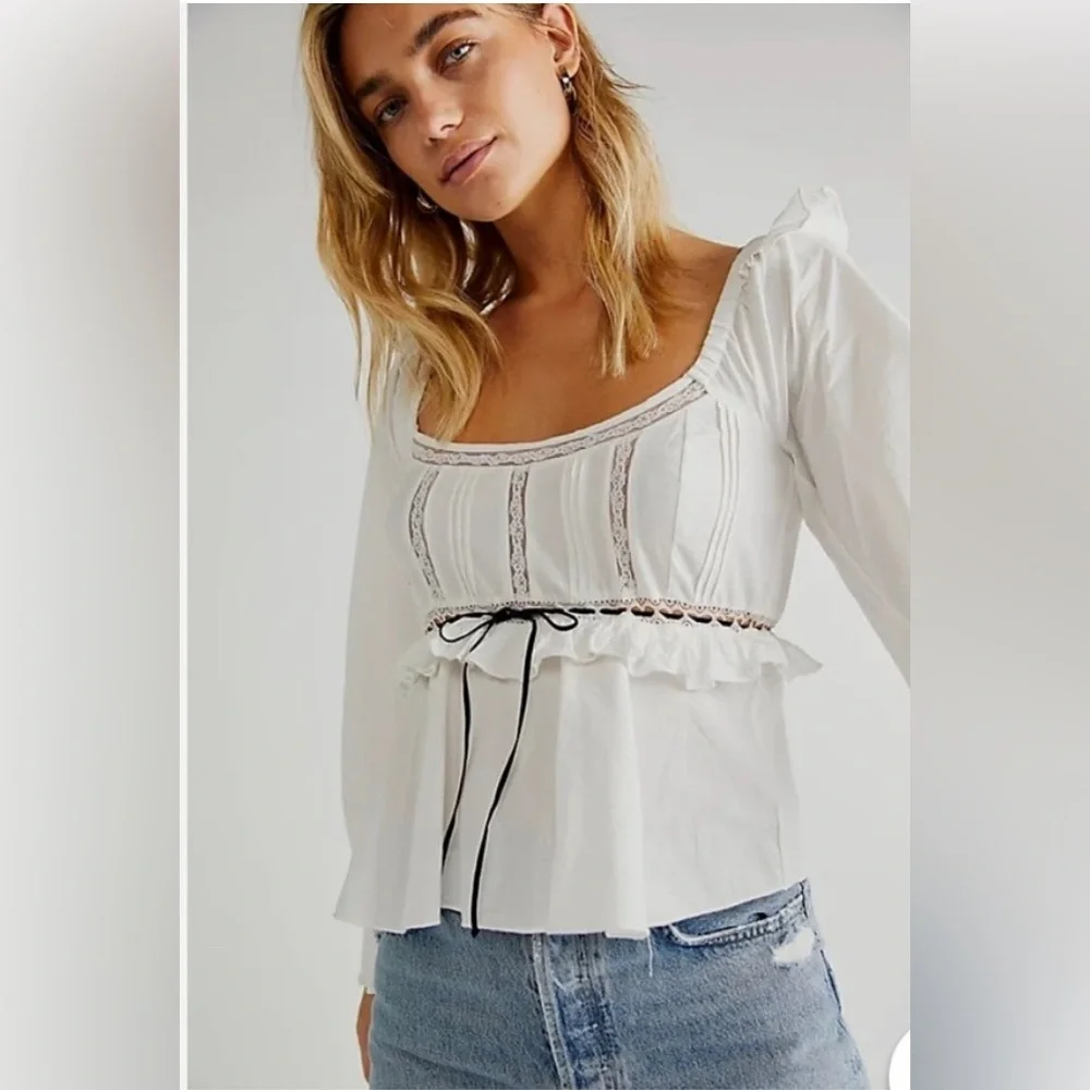 Free People Cathleen White Black Ruffle Long Sleeve Top Sz X-Small